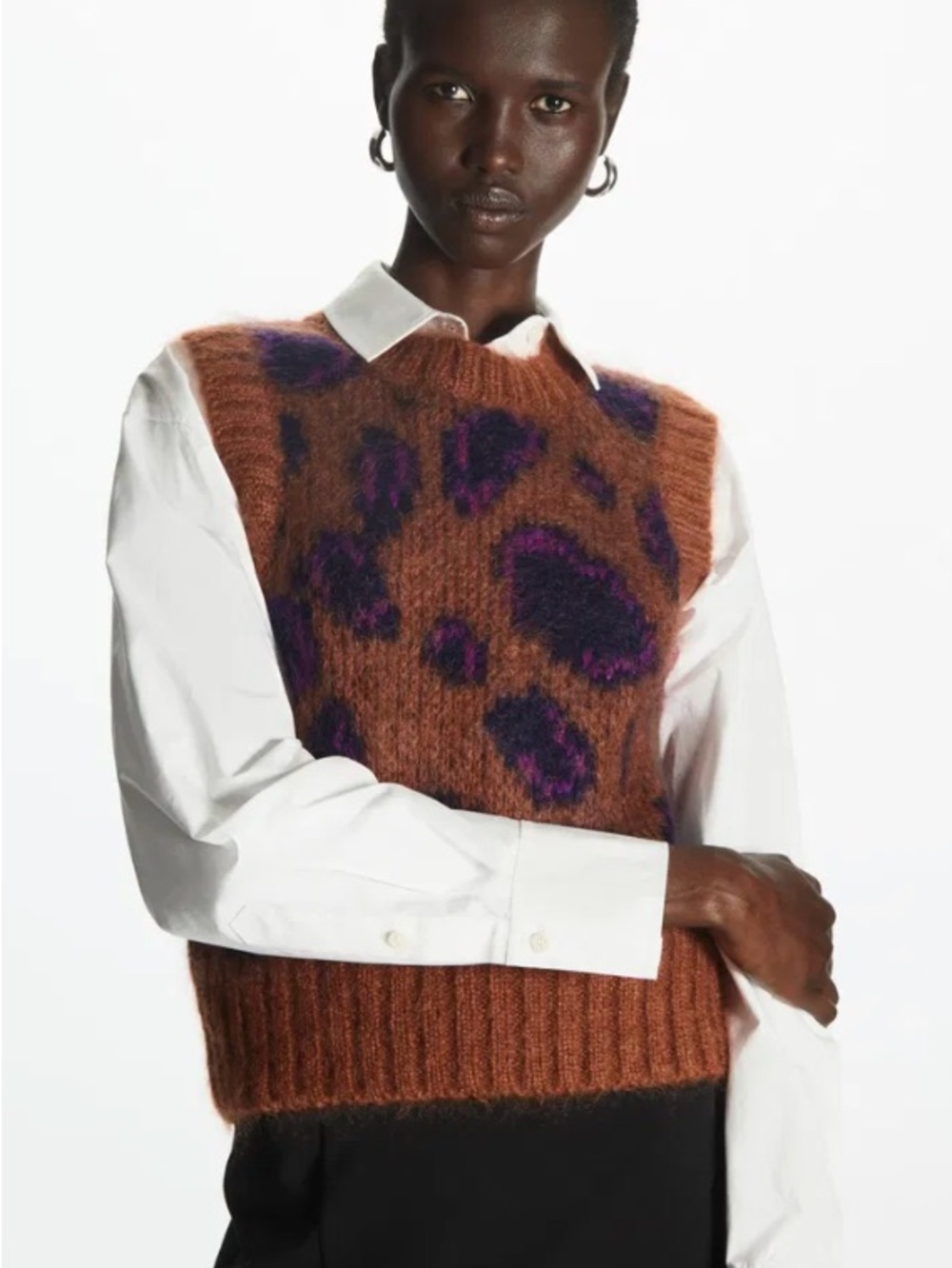 COS Brown & Purple Leopard V-Neck Sweater Mohair Vest - Medium